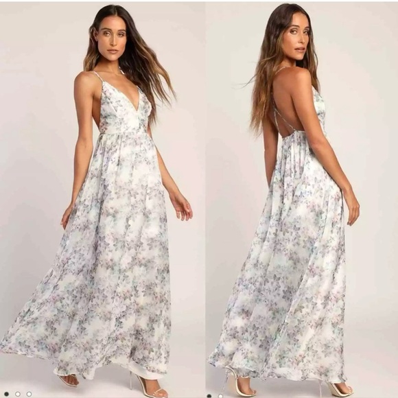 Lulus Effortless Evening Ivory Floral Print Sleeveless Maxi Dress Sz L - Picture 1 of 11